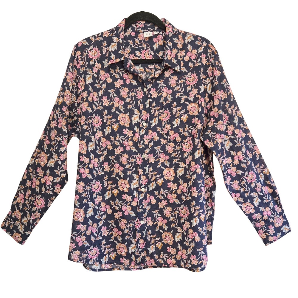 Gap Women XXL Cottage Navy Blue Pink Floral Cotton Button Down Long Sleeve Shirt